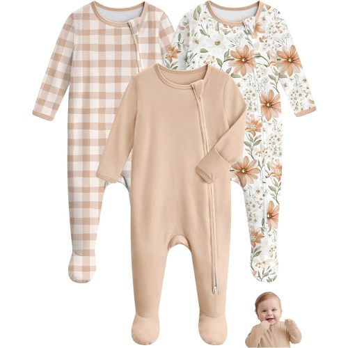 Unnivoll Baby Pajamas 100% Cotton Baby Sleepers for 6-9 Months 3Pcs Footie Pajamas Baby Boys Girls Clothes, Soft Infant Footed PJs with Mitten Cuffs, Two Way Zipper, Long Sleeve Orange Flower