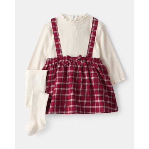 Baby Girl 3-Piece Plaid Print Tee, Skirt & Tight Set - Red - Carter's | Carter's
