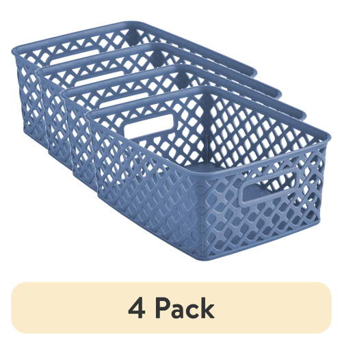 (4 pack) Mainstays Small Blue Decorative Plastic Storage Basket, 10 in x 8 in x 4 in