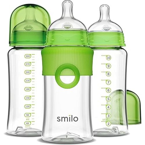 Smilo Baby Bottle Set with Stage 0 Slow Flow Anti Colic Nipple, 10 Oz / 300 ml Capacity, 3X Pack of Anti Colic Baby Bottles 0-3 Months - Green