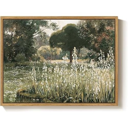 Framed Garden Landscape Wall Art for Room Wall Decor, Vintage Rustic Floral Meadow Artwork for Walls, Green Nature Country Canvas Painting Picture for Living Room Bedroom Bathroom Kitchen, 12x16 Inch