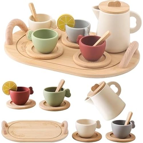 Tea Party Set for Kids, Wooden Tea Set for Little Girls and Boys, Kids Play Kitchen Accessories Toy Dishwasher Safe Tea Set for Toddler, Pretend Play Toddler Tea Set Ideal Christmas Birthday Gift
