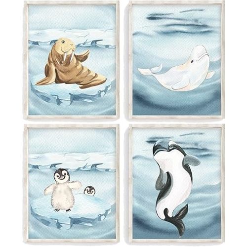 Watercolor Arctic Animals Nursery Set of 4 Unframed Prints, Walrus, Penguin, Orca, Beluga Whale