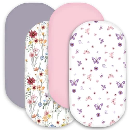 Little Grape Land Bassinet Sheets 4 Pack, 33" x 18" Fitted Bassinet Sheets Up to 4" Deep Pocket, Ultra Soft Baby Bassinet Fitted Sheets for Bassinet Mattress, Butterfly Meadow