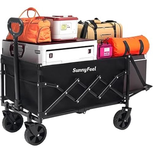SUNNYFEEL 330lbs Wagons Carts Foldable with Extended Tailgate,Heavy Duty Collapsible Folding Wagon Carts with Wheels,Lightweight Fold Up Wagon Cart for Outdoor Camping Beach Garden Grocery(Black)