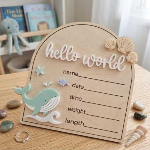 Personalized Baby Birth Announcement Sign, Custom Hello World Wooden Plaque, Ocean Nursery Decor, Newborn Keepsake, Baby Shower Gift Idea
