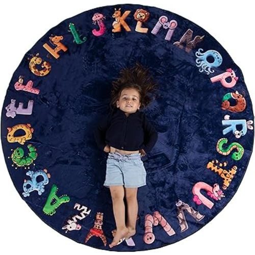 Malamaa ABC Alphabet Rug for Kids – 6 ft Round Blue Play Mat for Toddlers & Babies, Soft Nursery Decor for Learning Letters, Classroom & Playroom Area Mat