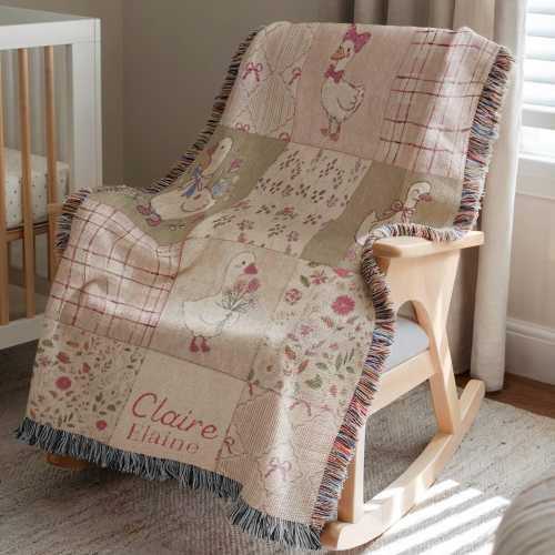 Personalized Baby Girl Woven Blanket, Floral Goose, Coquette Nursery Decor