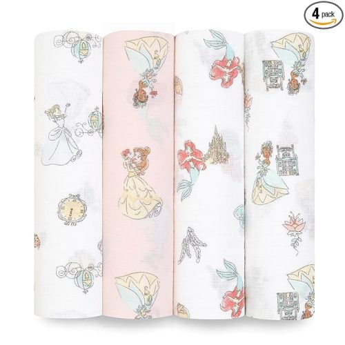 aden + anais Essentials Muslin Swaddle Blankets, Newborn Receiving Blanket for Swaddling, 100% Cotton Baby Swaddle Wrap, 4 Pack, Disney Princess