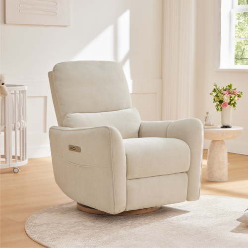 Spruce & Spring Chenille Fabric Swivel Glider Recliner with Lumbar Pillow for Nursery & Living Room, Cream