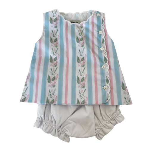 Girls Blue Floral Stripe Scallop Bloomer Set