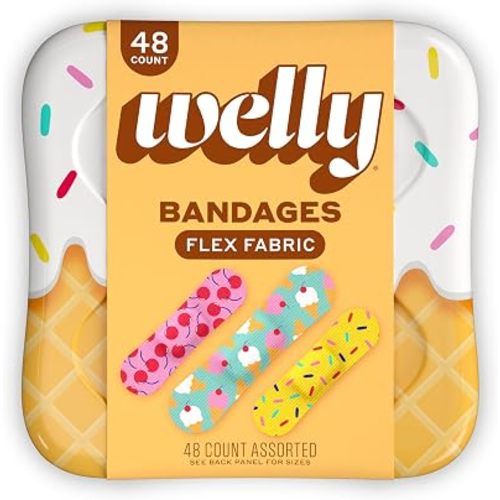 Welly Bandages | Adhesive Flexible Fabric Bravery Badges | Assorted Shapes for Minor Cuts, Scrapes, and Wounds | Colorful and Fun First Aid Tin | Ice Cream Patterns - 48 Count