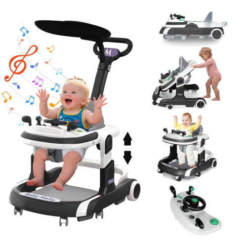 ManyFun 4-in-1 Musical Infant Baby Walker with Wheels functional, Height Adjustable, Foldable Design (Black)