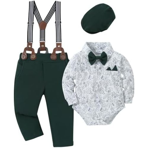 YALLET Baby Boy Clothes Set Infant Tuxedo Long Sleeve Gentleman Suit Outfits + Beret Hat + Suspender Pants + Bowtie 0-18M