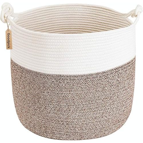 Goodpick Woven Laundry Basket, 15 x 14.2 Inches Cotton Rope Basket for Blankets, Soft Blanket Storage Baskets with Handles for Living Room, Woven Toy Storage Organizer for Nursery, Brown