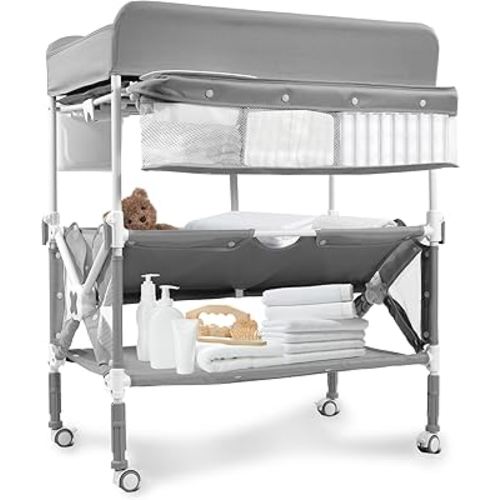 Portable Foldable Baby Changing Table Dresser Waterproof Diaper Changing Station with Wheels, Adjustable Height Changing Table Station Mobile Nursery Organizer for Newborn and Infant, Grey