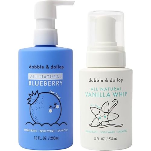 Dabble & Dollop Blueberry + Vanilla Body Wash & Shampoo – 3-in-1 Natural Bubble Bath for Kids, No Parabens or Sulfates, Vegan, Gluten-Free, Tear-Free (2-Pack)