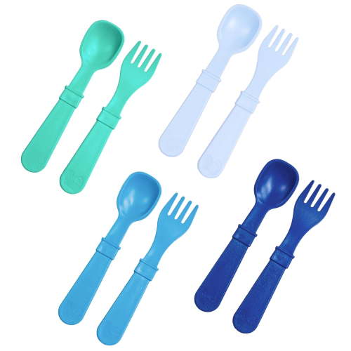 Re-Play Toddler Forks and Spoons Set - 4x4 Children's Utensils Set - Dishwasher and Microwave Safe - Made in USA - Set of 8 - Ocean Waves