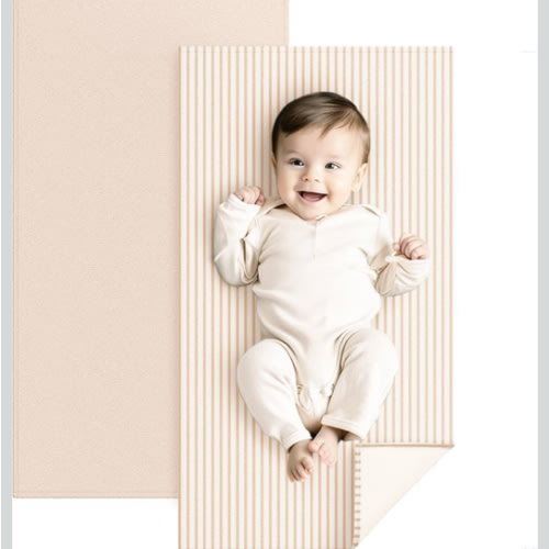 Konssy Faux Leather Baby Changing Mat, Waterproof, Wipeable & Portable Diaper Changing Pad for Travel or Home, Fits Perfectly in Diaper Bag, 30 x 17 inches (Beige,Stripes)