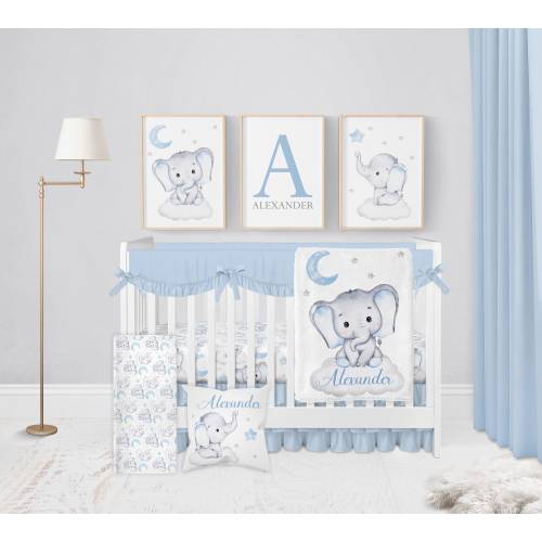 Baby Boy Crib Bedding Set, Elephant Crib Bedding, Blue Crib Bedding Set Boy, Elephant Nursery Decor, Personalized Baby Boy Elephant Crib Set