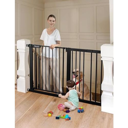 COMOMY 30" Tall Baby Gate for Stairs Doorways, Fits Openings 29.5" to 51.6" Wide, Auto Close Extra Wide Dog Gate for House, Pressure Mounted Easy Walk Through Pet Gate with Door, Black
