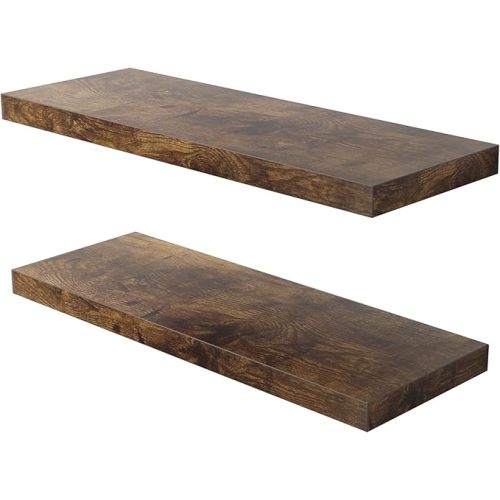 Floating Shelf, Set of 2 Wall Shelf, 24 in W x 12.75 in D x 2 in H Wooden Floating Wall Shelf with Invisible Brackets for Living Room/Bedroom/Bathroom/Kitchen Storage and Decor, Rustic Brown