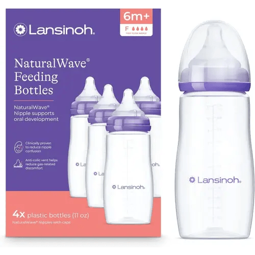 Lansinoh Anti-Colic Baby Bottles for Breastfeeding Babies, 11 Ounces, 4 Count, with 4 Fast Flow Nipples, Size F