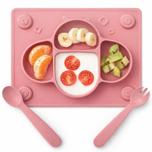 ROCCED Suction Plates for Baby Placemat Spoon Fork Set for Toddlers, Silicone Baby Plates with Suction Baby Dishes for Kids Plates-pale mauve