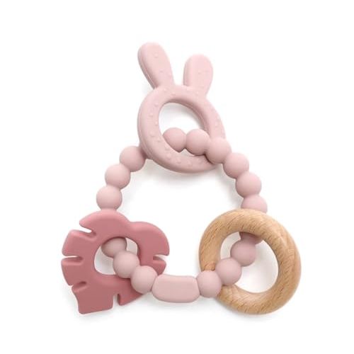 Bohemian Teether | Baby Teether | Sensory Exploration and Teething Relief | 100% Food-Grade Silicone Teether Toy | BPA Free | Chewbeads | Silicone with Beechwood Ring | (Pink)