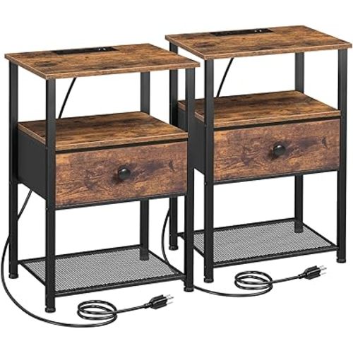 Night Stand Set 2, Nightstand with Charging Station, End Tables Living Room with Fabric Drawer for Small Spaces, Bed Side Tables with Storage Shelf for Bedroom, Rustic Brown HETS010PBR