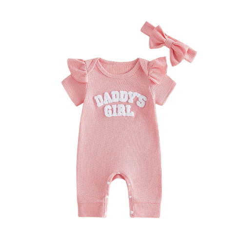 larppty Baby Girls Summer Clothes Daddy's Girl Embroidery Ruffle Jumpsuit Bubble Romper Bodysuit Shorts Outfits (Pink,0-3 Months)