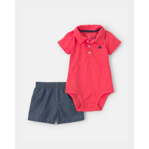 12M - Baby Boy 2-Piece Polo Shirt & Short Set - Orange/Blue | Carter's