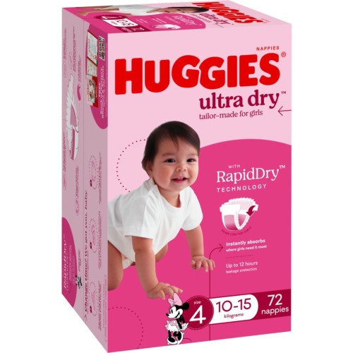 Huggies Ultra Dry Nappies Girl Size 4 (10-15kg) 72 Pack