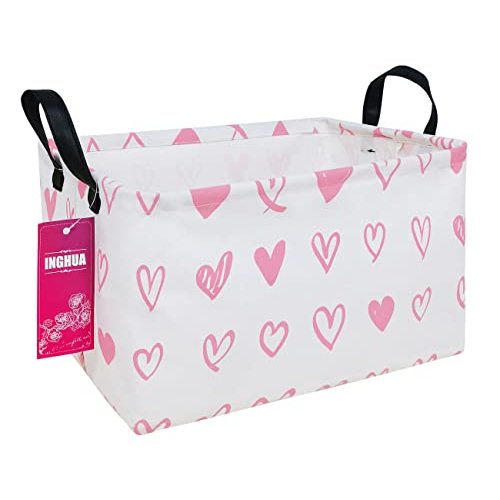 INGHUA Rectangular Storage Basket Fabric Organizer Bin for Toys,Books,Clothes,Gifts,Pets-Perfect for Home,Office,Nursery,Dorm,Shelf(Rec-Pink hearts )