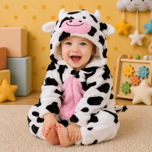 Baby Cow Costume Romper, Plush Hooded Onesie Animal Outfit, Infant Photo Suit