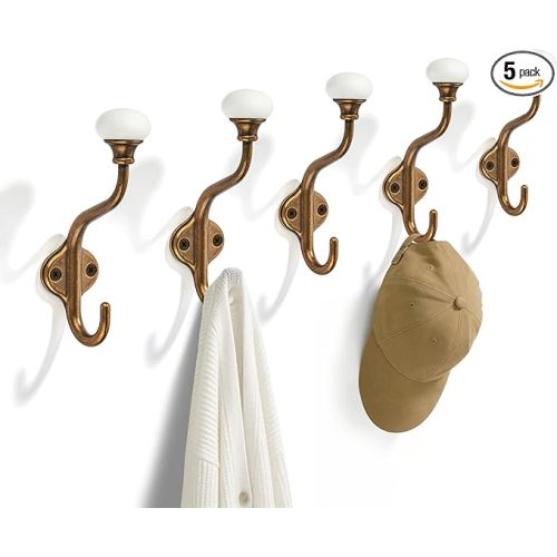 TUNNY Coat Hooks - 5 Pack Antique Brass Towel Hooks Robe Hooks Decorative Wall Hooks for Bathroom Bedroom Kitchen Towel Robe Clothes Cabinet Closet Bathroom Hardware