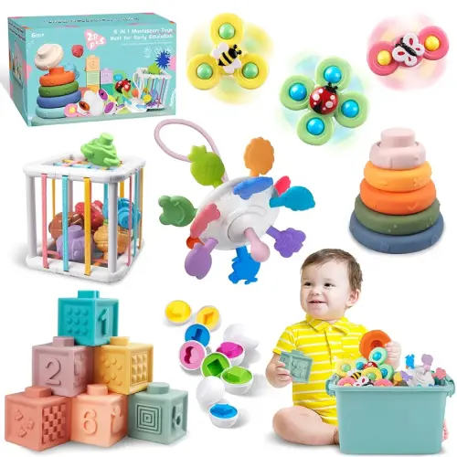 Baby Toys for 6 to 12 Months, Montessori Sensory Bins & Teething Toys, 6 in 1 Stacking Blocks, Rings, Eggs, Spinner, Crab Shape, 27 Pieces, Ages 6-36 Months