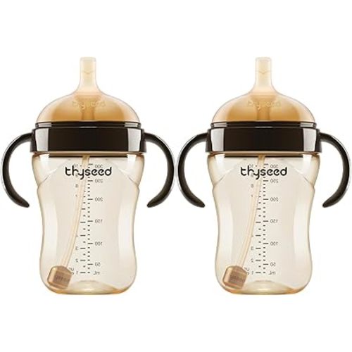 Thyseed PPSU Weighted Straw Cup with Handles Toddlers Transition Bottles to Sippy Cups No Spill Learner Milk Water Baby Bottle Soft Silicone Spout Dishwasher Safe BPA Free 6+ Months 10oz/300mL 2 Pack