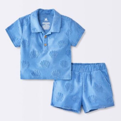 Baby Boys' Sea Shell Button-Down T-Shirt and Terry Shorts Set - Cloud Island™ Blue 12M