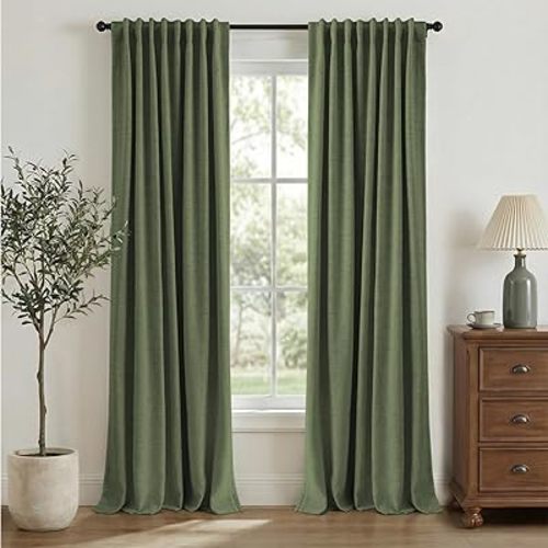 INOVADAY 100% Blackout Linen Curtains for Bedroom 50x84 Inches Olive Green