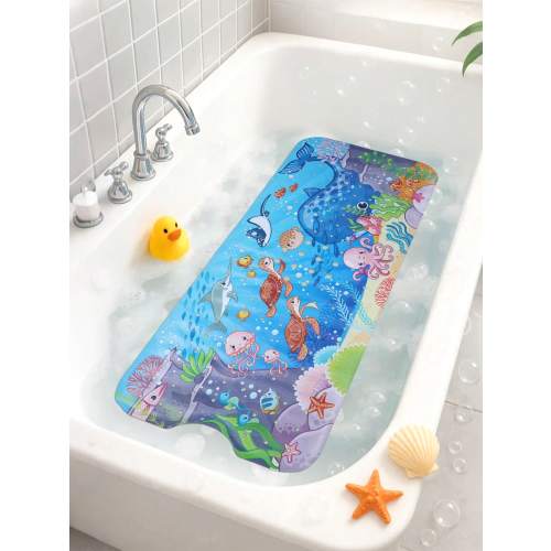 1pc Blue Halobios Anti-Slip Bathtub Mat, Cartoon Pattern With Suction Cups And Drainage Holes, Extra Large 100*40cm, Suitable For Bathtub And Shower, Machine Washable, Baby Bath Accessories