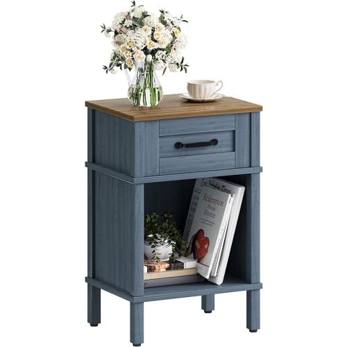 Farmhouse Nightstand with Drawer, Wood Bedside Table with Open Shelf, Modern Bedside Cabinet for Bedroom, Small End Table, Side Tables with Storage Shelf for Bedroom Blue LET512LR