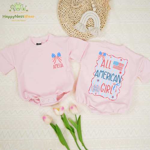 Personalized Coquette All American Girl Baby Romper, Preppy Patriotic Baby Romper, 4th of July Baby Girl Bodysuit, Independence Day Toddler