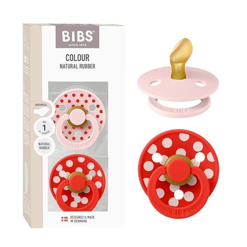 BIBS Polka Dots Pacifier 2-Pack, BPA Free Pacifiers with a Anatomical Latex Nipple, Made in Scandinavia, Size 1 (0-6 Months), Blossom/Candy Apple