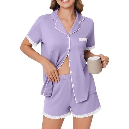 Ekouaer Womens Short Sleeve Pajamas Set Soft Sleepwear Button Down Lounge Set Lace Top and Shorts Pj Nightwear