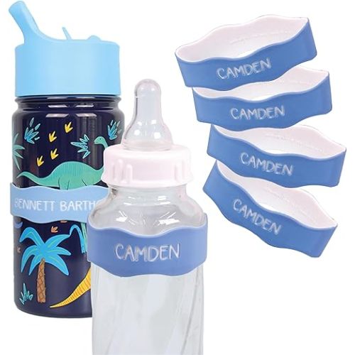InchBug Orbit Labels - Baby Bottle Name Labels for Daycare, Sippy Cup Bands - Engraved Silicone, Reusable, Dishwasher Safe, White Contrasting Personalization, 4-Pack (Lullaby Blue)