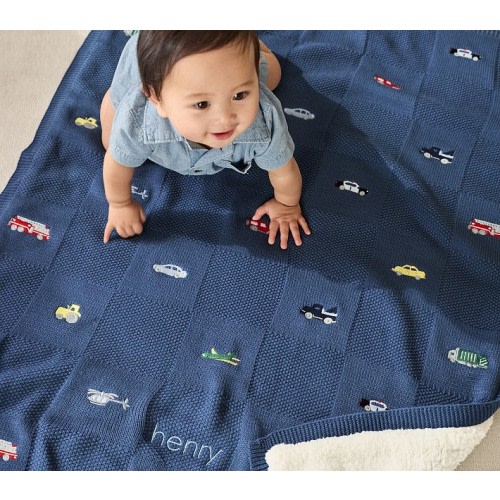 Embroidered Transportation Sherpa Baby Blanket