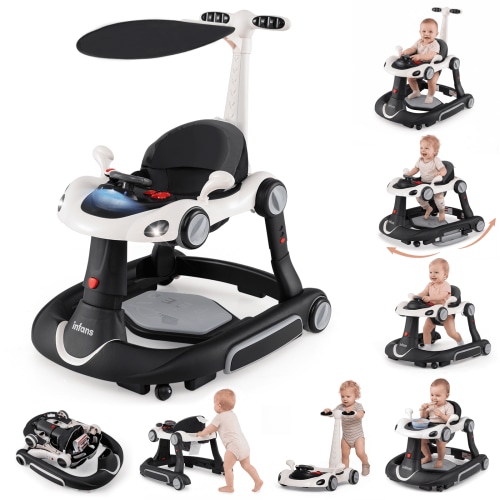 INFANS 6-in-1 Baby Walker, Converts Push Car to Bouncer, Rocker with Music, Lights, Adjustable Height & Speed, Activity Center, Canopy for 7-18 Months