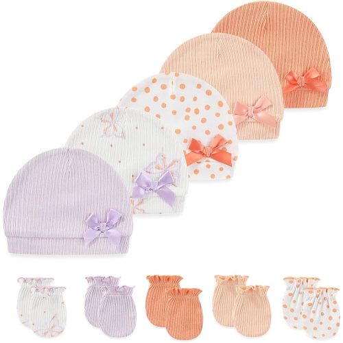 10 Pieces Newborn Baby Cotton Cap and Mitten Sets