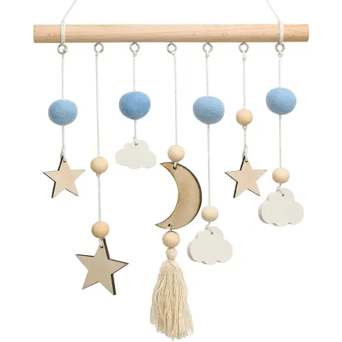 Boho Baby Nursery Decor - Handmade Wooden Moon and Star Wall Hanging Decor Boho Baby Mobile for Crib for Baby Nursery Bedroom - Felt Moon Stars Bed Hanger for Infant Newborn Boys Girls